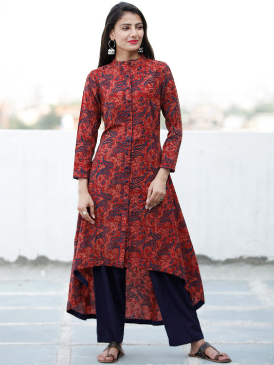 Crimson Red Indigo Hand Block Printed Ajrakh Asymmetric Kurta With Front Open - K88F1800