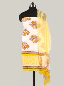 White Yellow Orange Hand Block Printed Cotton Suit-Salwar Fabric With Chiffon Dupatta (Set of 3) - SU01HB423