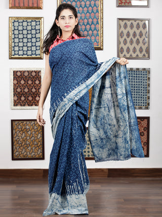 Indigo White Hand Block Printed & Hand Painted Cotton Mul Saree - S031703112