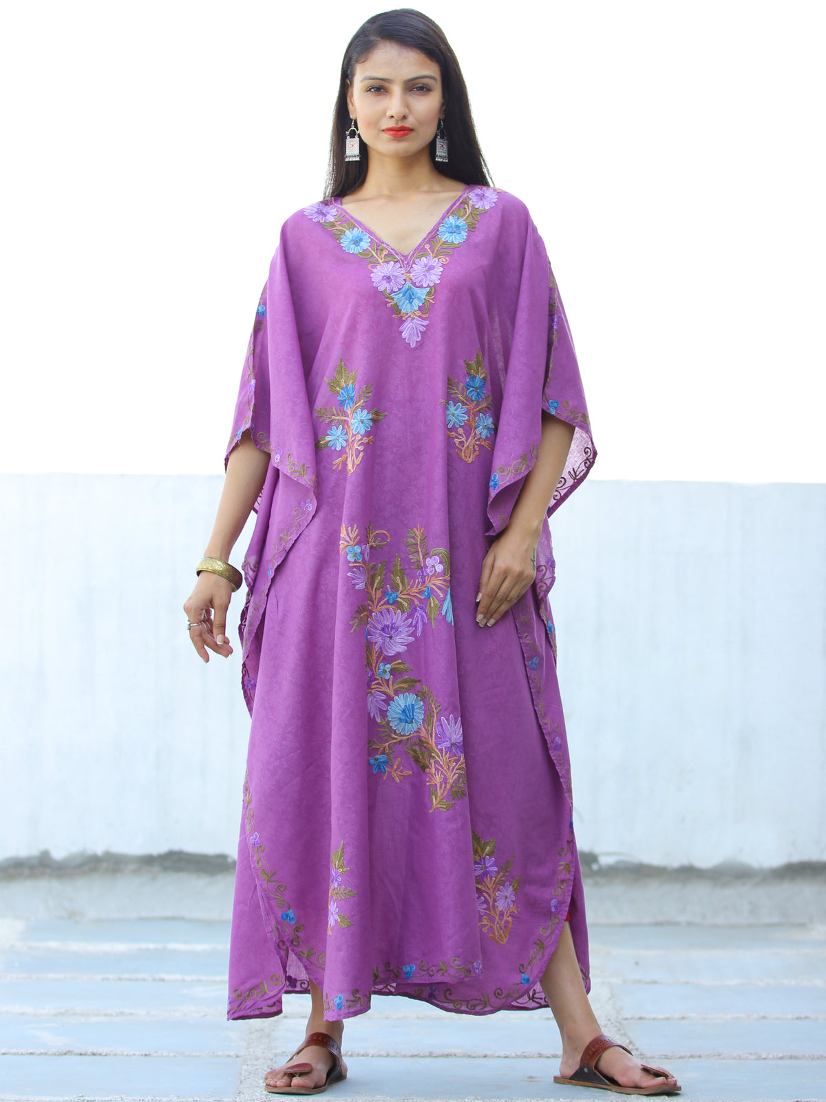 Lilac Sky Blue Aari Embroidered Long Kashmere Free Size Kaftan in Crushed Cotton - K11K052
