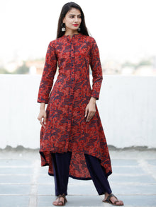 Crimson Red Indigo Hand Block Printed Ajrakh Asymmetric Kurta With Front Open - K88F1800