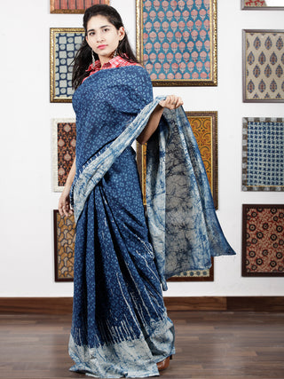Indigo White Hand Block Printed & Hand Painted Cotton Mul Saree - S031703112