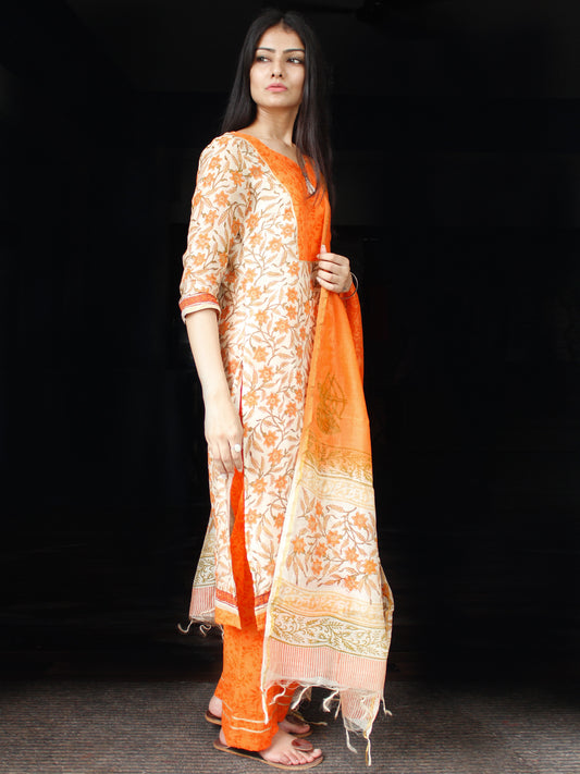 White Orange Chanderi Block Printed Suit Set - Set of 3  - SS01F002