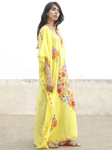 Bright Yellow Aari Embroidered Long Kashmere Free Size Kaftan in Crushed Cotton - K11K002