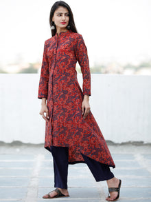 Crimson Red Indigo Hand Block Printed Ajrakh Asymmetric Kurta With Front Open - K88F1800