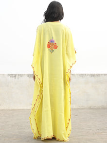 Bright Yellow Aari Embroidered Long Kashmere Free Size Kaftan in Crushed Cotton - K11K002