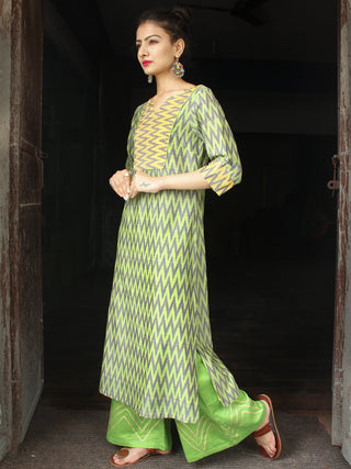 Green Yellow Silk Cotton Ikat Kurta & Pants (Set of 2)  - SS01F1430