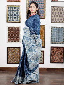 Indigo White Hand Block Printed & Hand Painted Cotton Mul Saree - S031703112