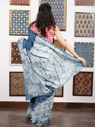 Indigo White Hand Block Printed & Hand Painted Cotton Mul Saree - S031703112