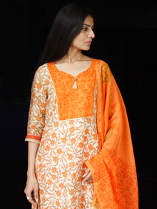 White Orange Chanderi Block Printed Suit Set - Set of 3  - SS01F002