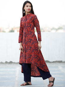 Crimson Red Indigo Hand Block Printed Ajrakh Asymmetric Kurta With Front Open - K88F1800