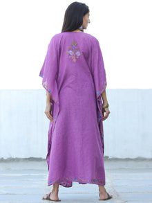 Lilac Sky Blue Aari Embroidered Long Kashmere Free Size Kaftan in Crushed Cotton - K11K052