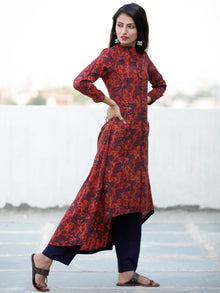 Crimson Red Indigo Hand Block Printed Ajrakh Asymmetric Kurta With Front Open - K88F1800