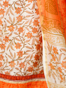 White Orange Chanderi Block Printed Suit Set - Set of 3  - SS01F002