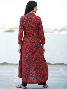Crimson Red Indigo Hand Block Printed Ajrakh Asymmetric Kurta With Front Open - K88F1800