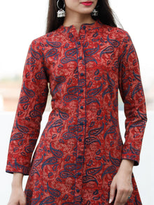 Crimson Red Indigo Hand Block Printed Ajrakh Asymmetric Kurta With Front Open - K88F1800