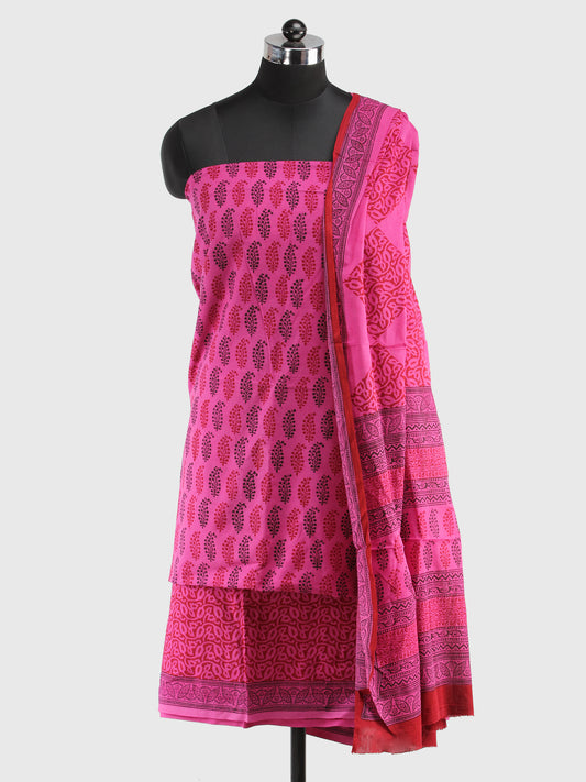 Magenta Black Red Bagh Hand Block Printed Cotton Suit-Salwar Fabric With Cotton Dupatta (Set of 3) - SU01HB423