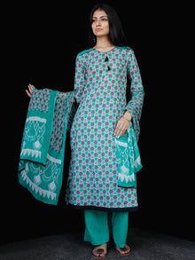 Sea Green Grey White Cotton Block Printed Suit - Set of 3 - SS01F020
