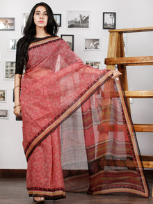 Pink Brown Beige Hand Block Printed Kota Doria Saree in Natural Colors - S031702865