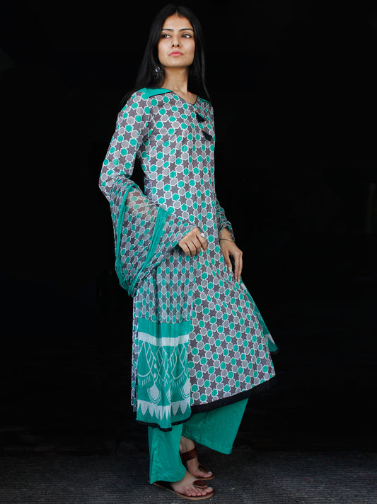 Sea Green Grey White Cotton Block Printed Suit - Set of 3 - SS01F020