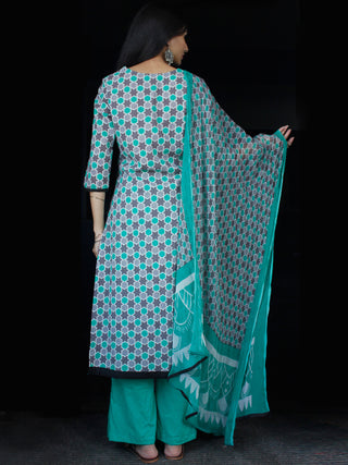 Sea Green Grey White Cotton Block Printed Suit - Set of 3 - SS01F020