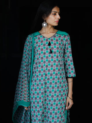 Sea Green Grey White Cotton Block Printed Suit - Set of 3 - SS01F020