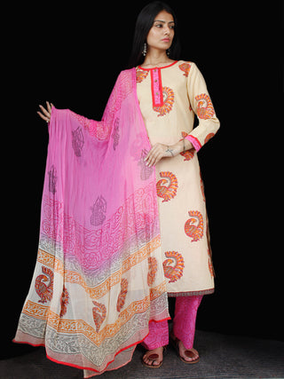 Peach Orange Pink Cotton Block Printed Suit - Set of 3 - SS01F021