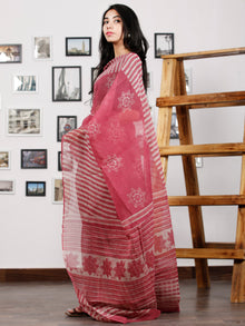 Pink Ivory Hand Block Printed Kota Doria Saree in Natural Colors - S031702866