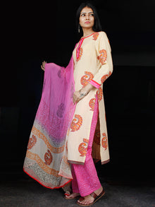 Peach Orange Pink Cotton Block Printed Suit - Set of 3 - SS01F021