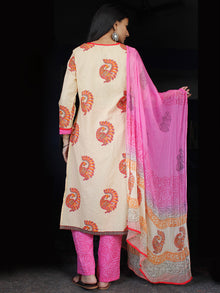 Peach Orange Pink Cotton Block Printed Suit - Set of 3 - SS01F021