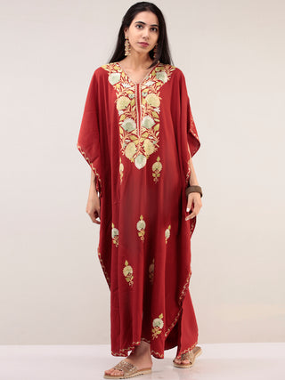 Maroon Aari Embroidered Kashmere Free Size Kaftan  - K12K041