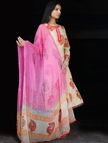 Peach Orange Pink Cotton Block Printed Suit - Set of 3 - SS01F021