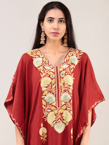 Maroon Aari Embroidered Kashmere Free Size Kaftan  - K12K041