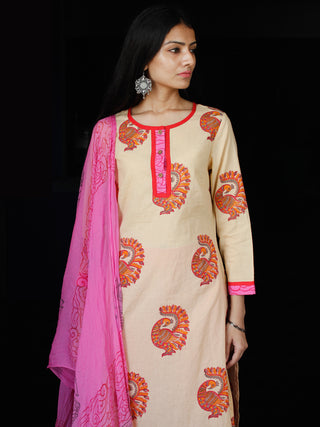 Peach Orange Pink Cotton Block Printed Suit - Set of 3 - SS01F021