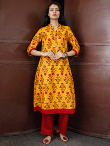 Mustard Yellow Maroon Cotton Block Printed Kurta & Pants - Set of 2 - SS01F046
