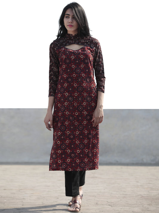 Cherry Red Brown Black Indigo Hand Block Printed Ajrakh Kurta With Stand Collar  - K38F1201