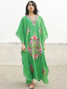 Green Lavender Pink Aari Embroidered Long Kashmere Free Size Kaftan in Crushed Cotton - K11K022