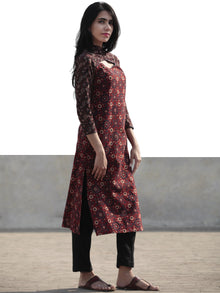 Cherry Red Brown Black Indigo Hand Block Printed Ajrakh Kurta With Stand Collar  - K38F1201