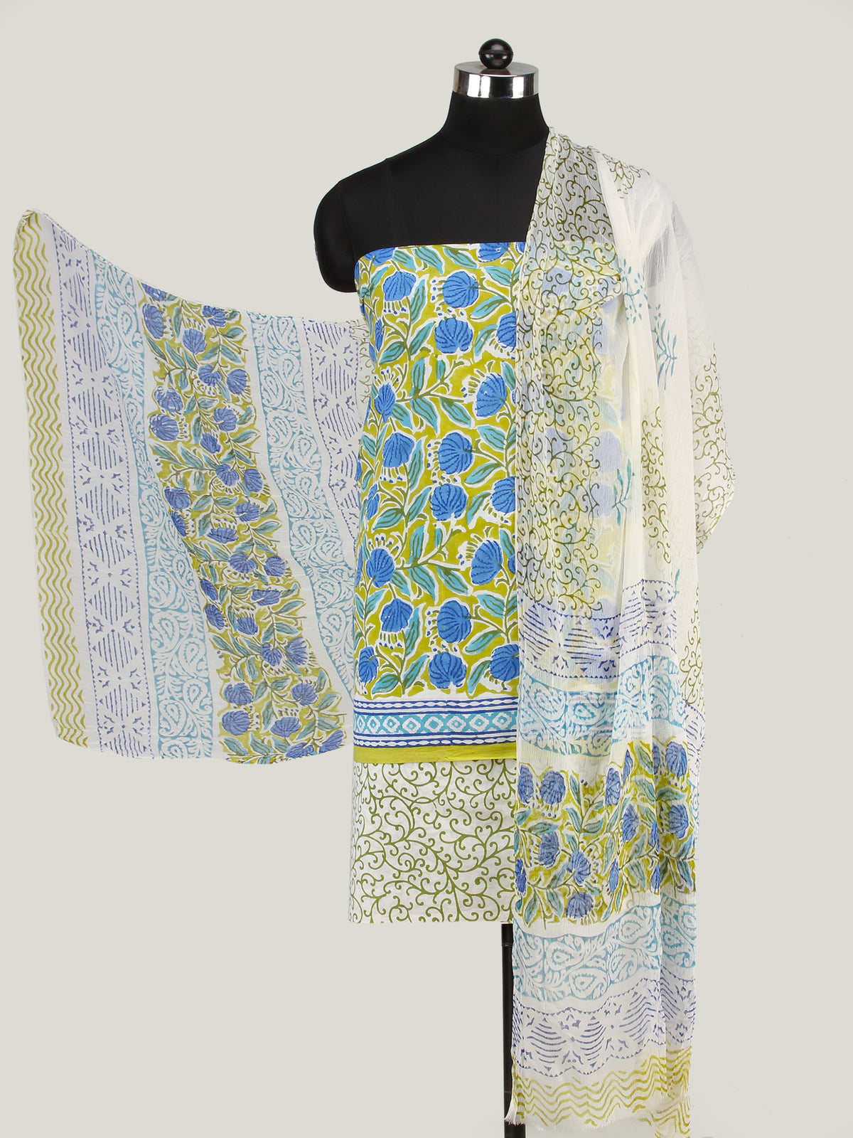 Olive Green White Blue Hand Block Printed Cotton Suit-Salwar Fabric With Chiffon Dupatta (Set of 3) - SU01HB441
