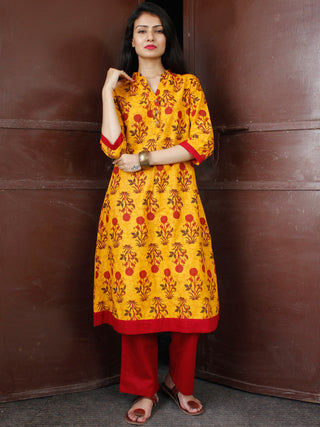 Mustard Yellow Maroon Cotton Block Printed Kurta & Pants - Set of 2 - SS01F046