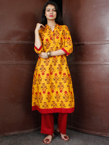 Mustard Yellow Maroon Cotton Block Printed Kurta & Pants - Set of 2 - SS01F046