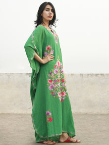 Green Lavender Pink Aari Embroidered Long Kashmere Free Size Kaftan in Crushed Cotton - K11K022