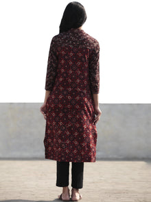 Cherry Red Brown Black Indigo Hand Block Printed Ajrakh Kurta With Stand Collar  - K38F1201