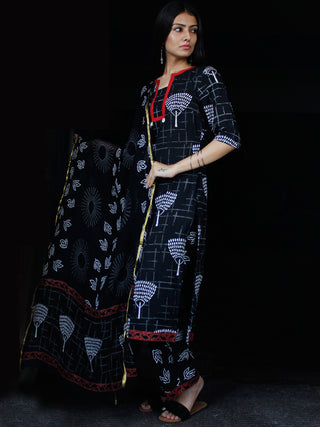 Black White Cotton Block Printed Suit - Set of 3 - SS01F022