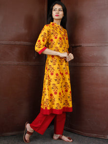 Mustard Yellow Maroon Cotton Block Printed Kurta & Pants - Set of 2 - SS01F046