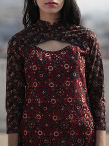 Cherry Red Brown Black Indigo Hand Block Printed Ajrakh Kurta With Stand Collar  - K38F1201