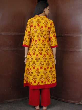 Mustard Yellow Maroon Cotton Block Printed Kurta & Pants - Set of 2 - SS01F046