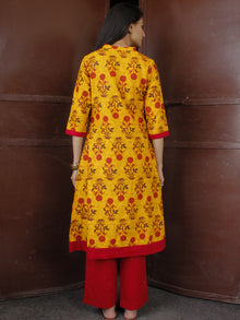 Mustard Yellow Maroon Cotton Block Printed Kurta & Pants - Set of 2 - SS01F046