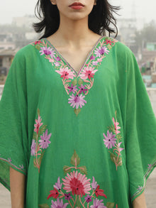Green Lavender Pink Aari Embroidered Long Kashmere Free Size Kaftan in Crushed Cotton - K11K022