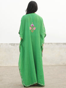 Green Lavender Pink Aari Embroidered Long Kashmere Free Size Kaftan in Crushed Cotton - K11K022